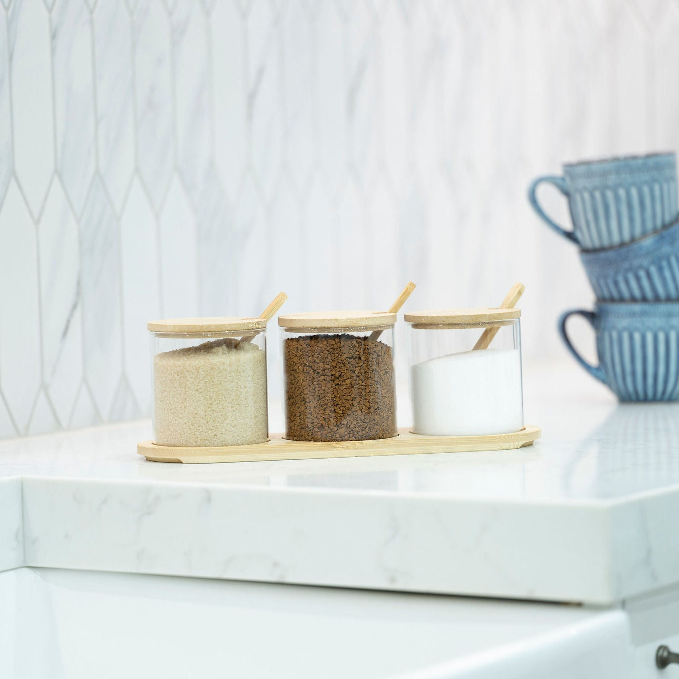 Round Bamboo Trio Glass Jar Set – 300ml Each-2