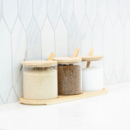 Round Bamboo Trio Glass Jar Set – 300ml Each-0