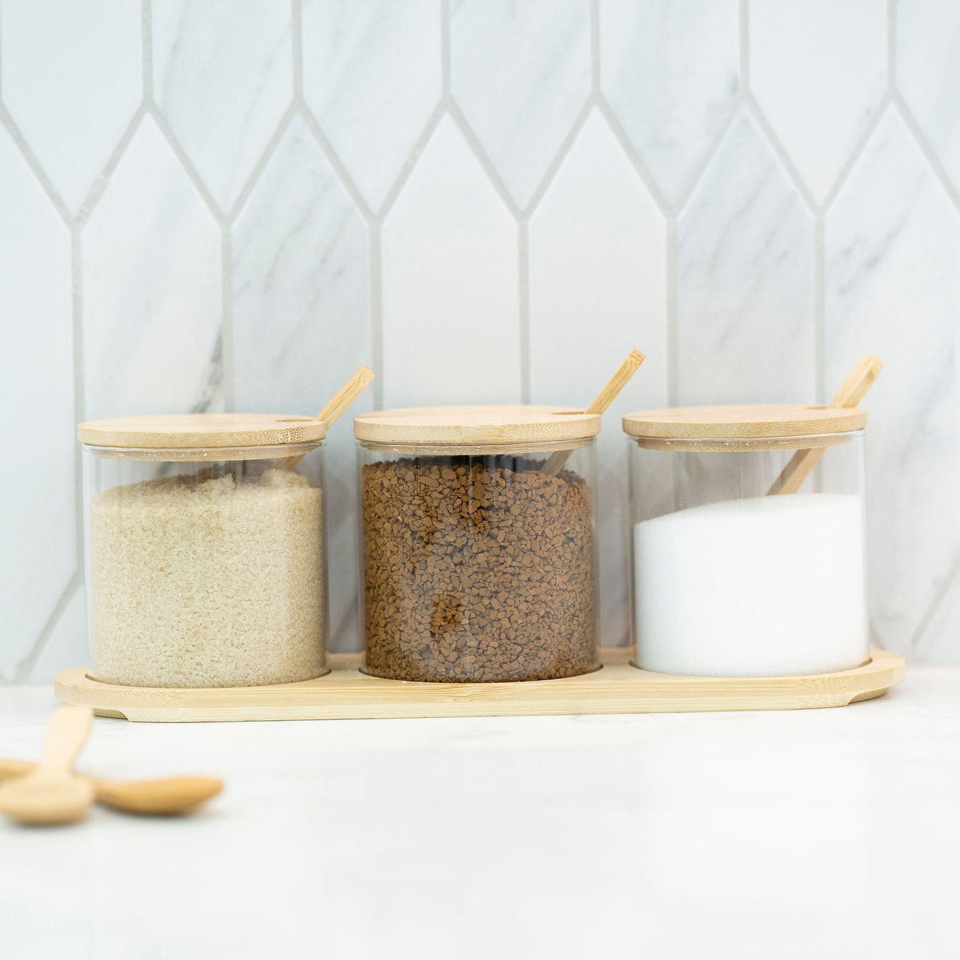 Round Bamboo Trio Glass Jar Set – 300ml Each-1