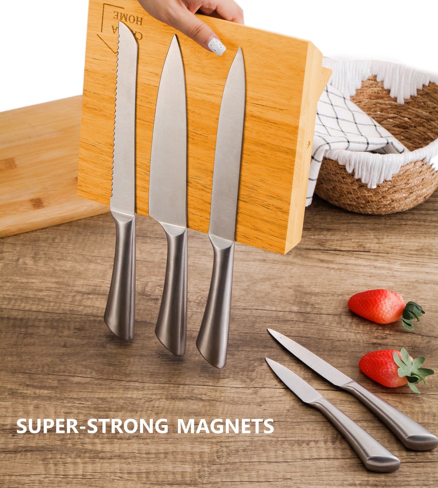 NNEDSZ Natural Bamboo Magnetic Knife Block Holder with Strong Magnets for Home Kitchen Storage & Organisation-1