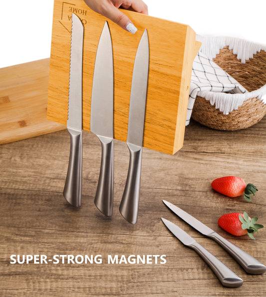 NNEDSZ Natural Bamboo Magnetic Knife Block Holder with Strong Magnets for Home Kitchen Storage & Organisation-1
