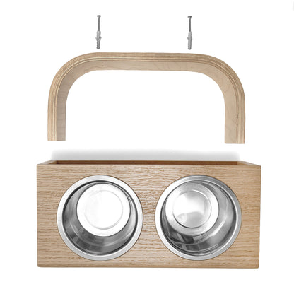 Hanging wooden dog feeder, Mounted pet feeding station, Shepherd food stand