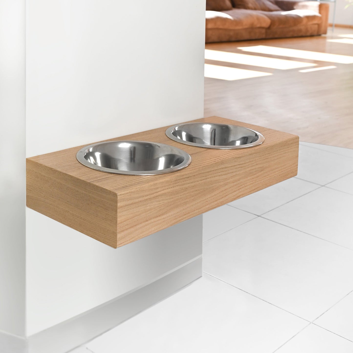 Hanging wooden dog feeder, Mounted pet feeding station, Shepherd food stand